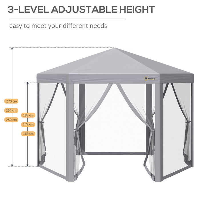 Hexagonal Pop-Up Gazebo 3x3m - Foldable Canopy Tent with Mesh Sidewalls, Adjustable Height, Roller Bag for Easy Transport - Ideal Outdoor Event Shelter for Gardens, Markets, Parties, Grey
