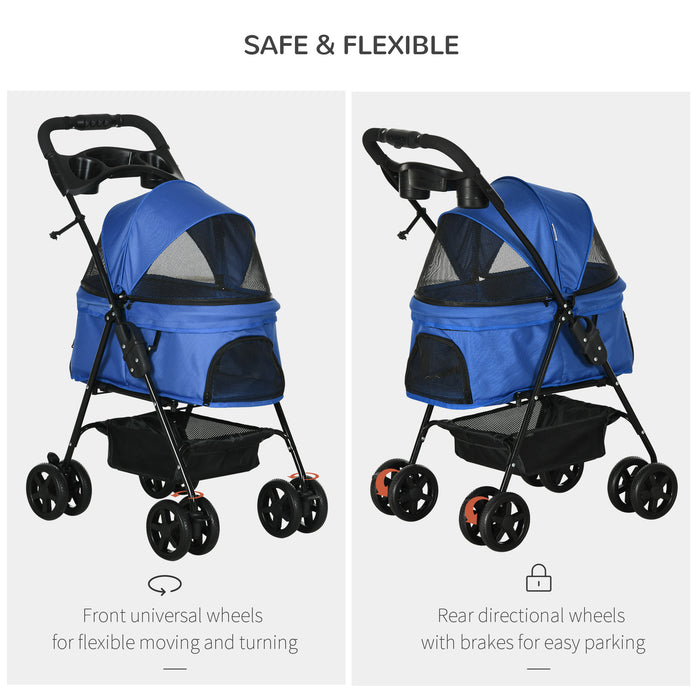 Pet Stroller - Dog & Cat Travel Pushchair with One-Click Folding, EVA Wheels, Brake System, and Adjustable Canopy - Safe and Comfortable Blue Trolley for Pet Jogging and Transport