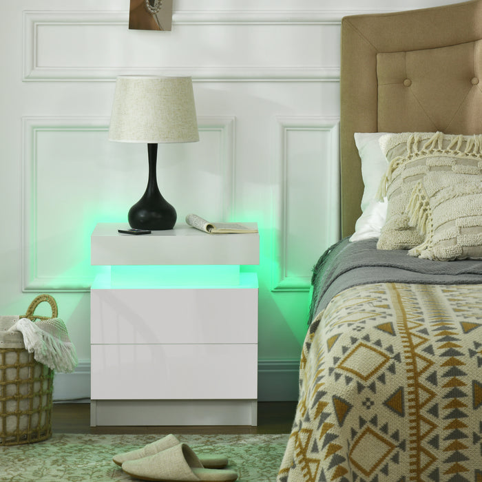 White LED-Illuminated Bedside Cabinets - High Gloss 2-Drawer Nightstand - Perfect for Bedroom and Living Room Storage Solutions