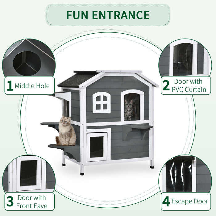 Waterproof Solid Wood Cat Condos - 2-Story Outdoor Pet House with Grey Finish - Ideal Shelter for Cats