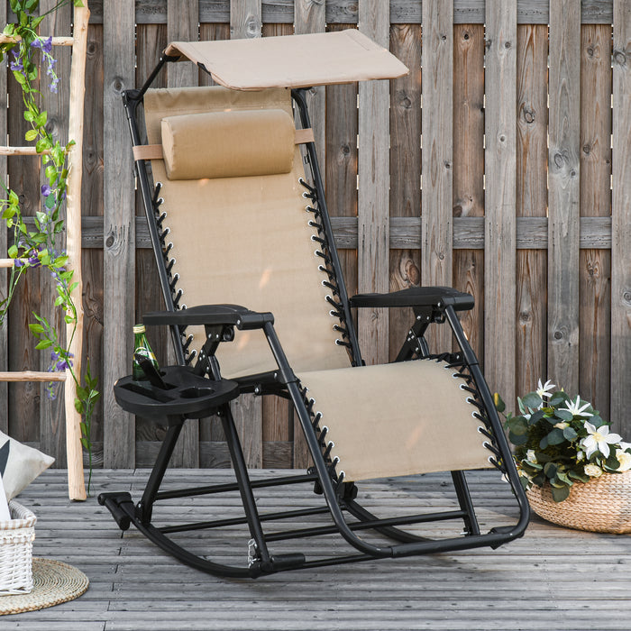 Outdoor Adjustable Sun Lounger - Folding Zero-Gravity Garden Rocking Chair with Headrest & Side Holder - Perfect for Patio Deck Relaxation, Beige