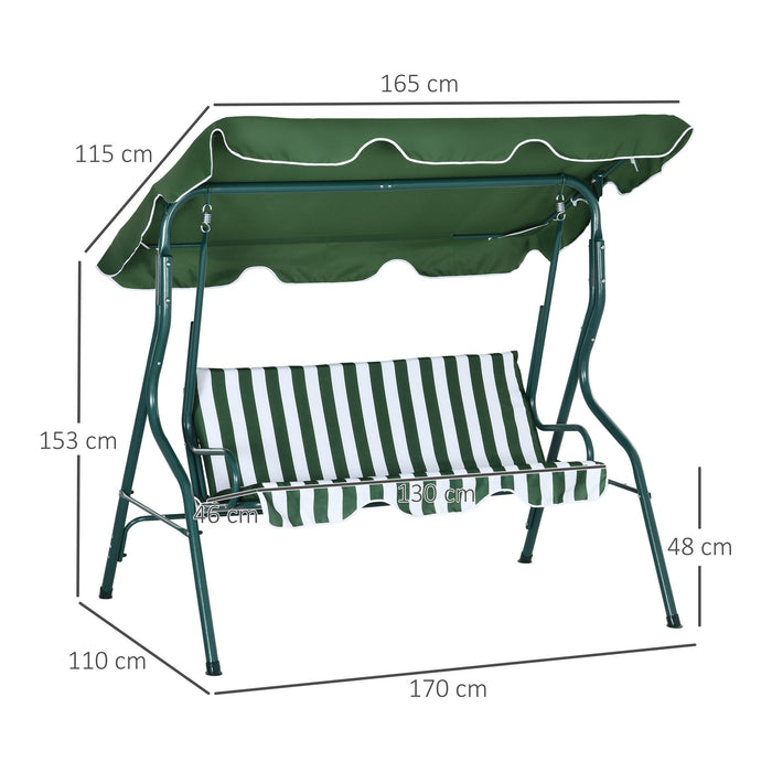 Adjustable Canopy 3-Seater Garden Swing - Outdoor Bench Chair with Metal Frame and Green Striped Cushions - Perfect for Patio, Relaxation and Comfort