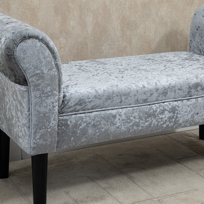 Velvet Fabric Bed End Bench with Sponge Cushion - Ice Crush Upholstery and Silver-Grey Tone, Armrests Included - Elegant Bedroom Accent Furniture