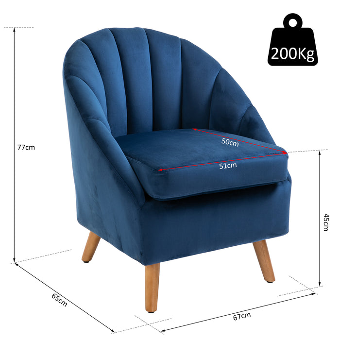 Velvet Fabric Accent Chair - Single Sofa Armchair with Solid Wood Legs for Home Living Room - Upholstered Side Chair in Elegant Blue
