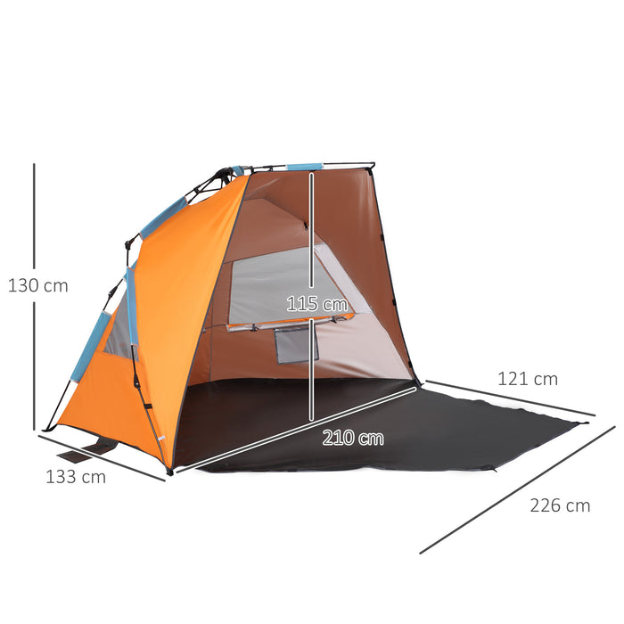 Pop Up Beach Tent with Extended Porch - Easy Setup Sun Shelter with Sandbags and Mesh Screen Windows - Portable Canopy for Solo or Duo Beachgoers