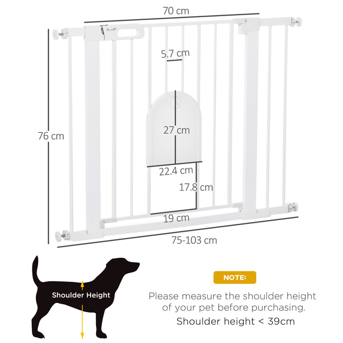 Easy-Install Pet Separation Gate - Dog Gate with Built-in Cat Door, Pressure Mounted, Automatic Closing & Double Locking System - Ideal for Doorways & Stairs, Fits 75-103 cm Openings, White