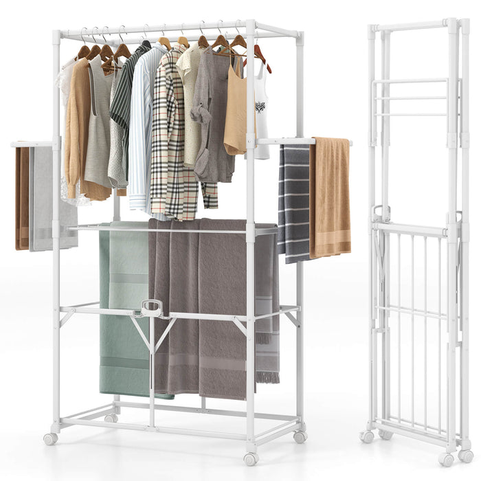 Collapsible H-Shaped Clothes Drying Rack - Detachable Middle Shelf in Classic White - Ideal for Compact Laundry Spaces