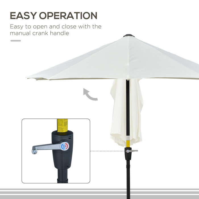 Half Parasol Market Umbrella - 2m Double-Sided Canopy with Crank Handle and Cross Base in Cream White - Ideal for Garden and Balcony Shade