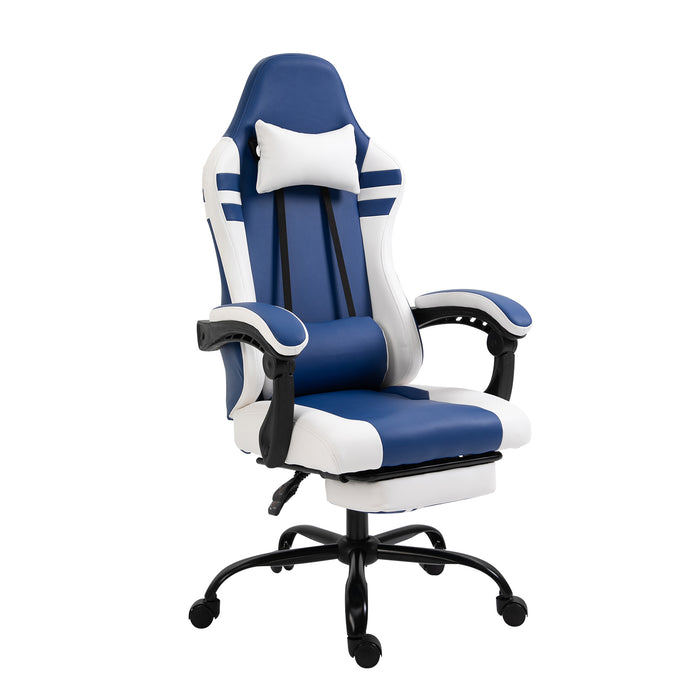 Ergonomic PU Leather Racing Chair - High-Back Gaming Chair with Headrest, Footrest & Adjustable Height - Comfortable Recliner for Gamers, Blue & White Design