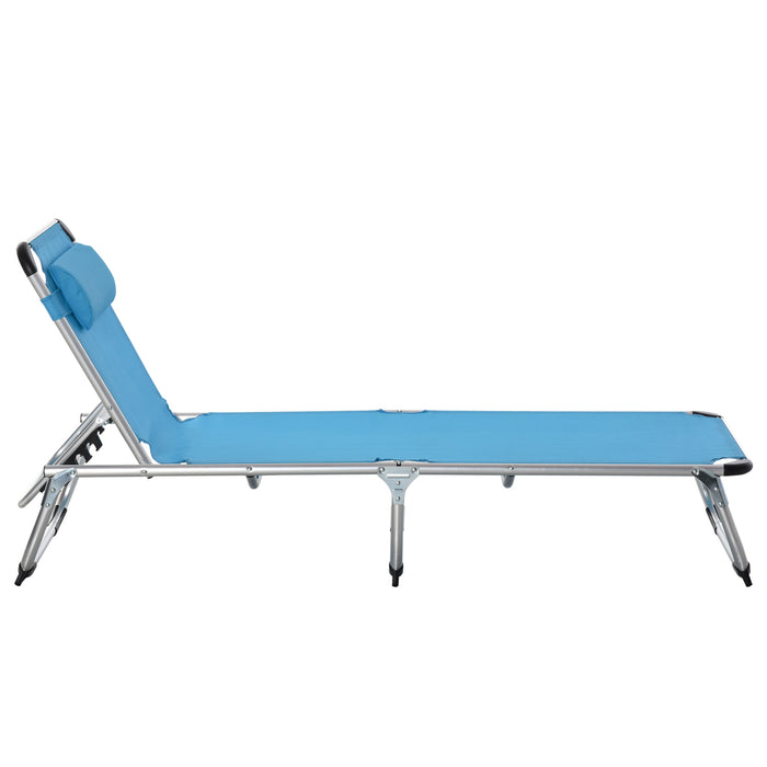 Foldable Reclining Sun Lounger with Pillow - 5-Level Adjustable Back, Aluminium Frame, Blue - Ideal for Camping & Relaxation Outdoors