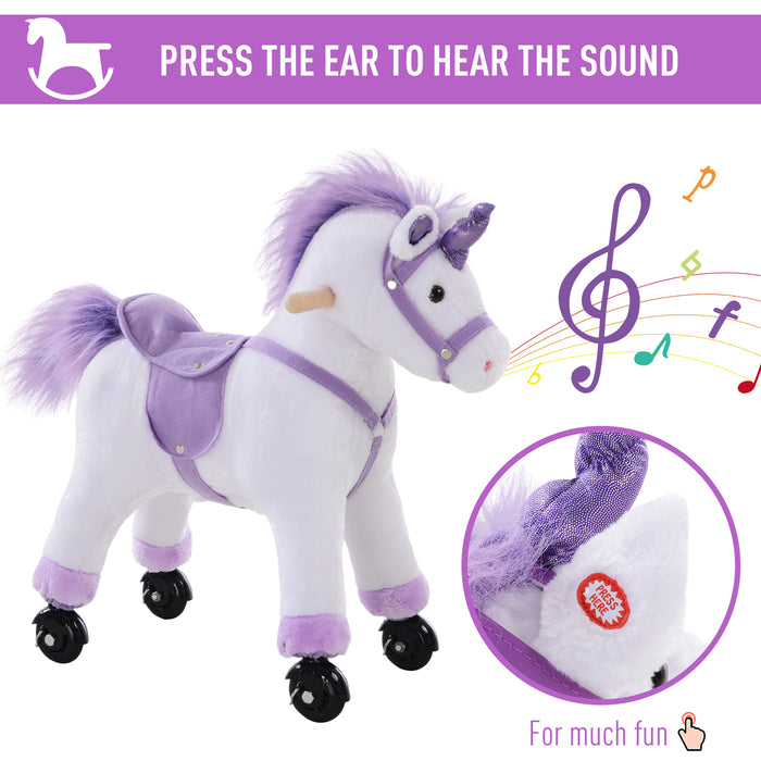 Sit-On Unicorn Horse with Neigh Sound Button - Plush Toy with Safe Seat and Handlebar on a Durable Wood Frame - Ideal for Kids' Imaginative Play