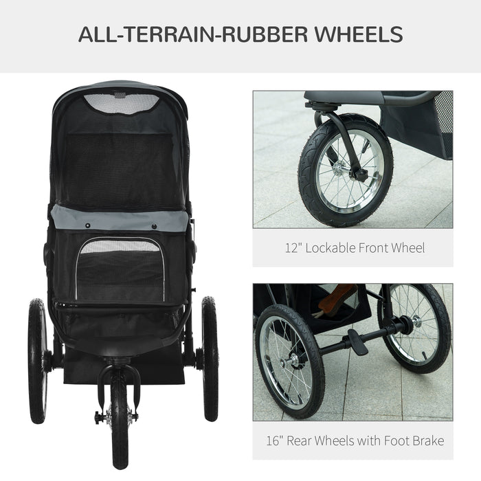 Foldable Pet Jogger Stroller - Medium & Small Dog Stroller with Adjustable Canopy and 3 Large Wheels, Grey - Convenient Cat Pram for Outdoor Activities