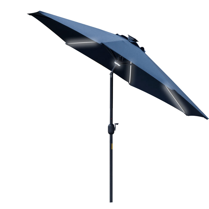 Outdoor Solar LED Parasol - 2.7m Angled Canopy Sun Umbrella with Vent and Crank Tilt Function, Blue - Ideal Summer Patio Shelter