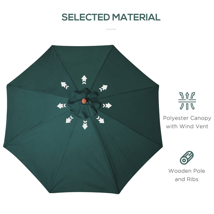 Wooden Patio Umbrella 3m - Pulley-Operated Garden Parasol with 8 Ribs in Dark Green - Ideal for Outdoor Shade and Relaxation