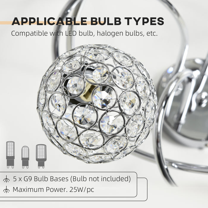 Modern Crystal Ball Chandelier - 5-Shade Ceiling Pendant Light Fixture with G9 Bulbs - Elegant Silver Lighting for Living Room and Dining Area