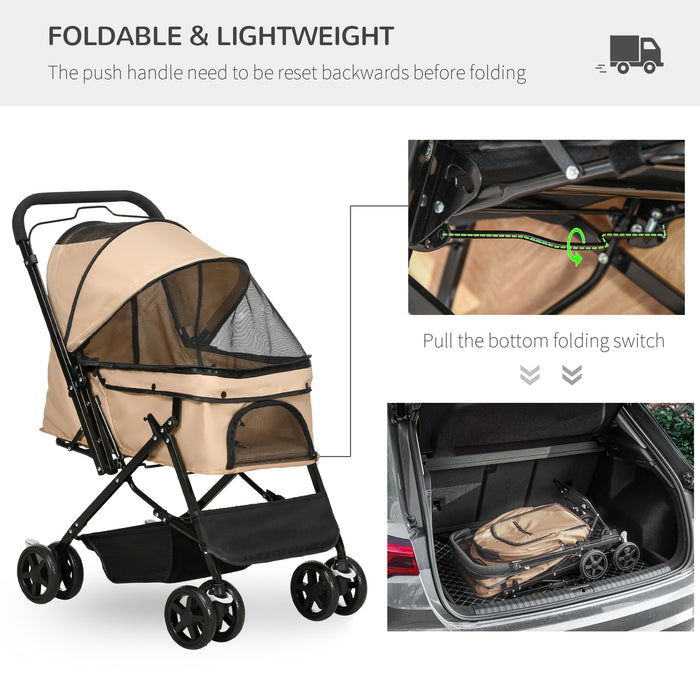 Foldable Pet Stroller for Dogs and Cats - Reversible Handle, Braking System, and Storage Basket - Convenient Travel Pushchair for Fur Babies