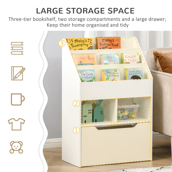 Kids Bookshelf and Toy Storage - Multifunctional Shelf with Drawer and Wheels - Ideal for Playroom Organization and Space Saving