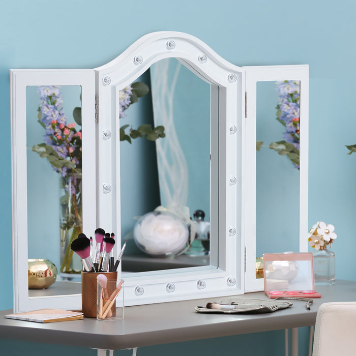 Freestanding Trifold Mirror with LED Lights - Lighted Tabletop Vanity, Large Cosmetic Mirror for Makeup - Foldable Design for Bedroom Use, Battery-Powered, White