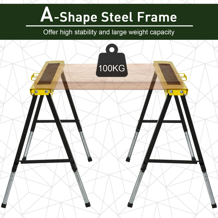 Folding Metal Saw Horse Twin Pack - Adjustable Workbench Trestle Stands with EVA Surface, 100kg Max Load - Ideal for Sawing and Woodworking Tasks