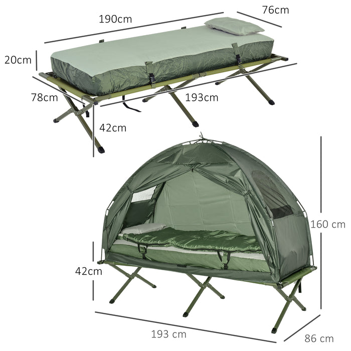 Foldable Camping Tent with Sleeping Bag and Air Mattress - Portable Outdoor Hiking Picnic Bed Cot and Foot Pump - Ideal for Solo Adventurers and Nature Enthusiasts