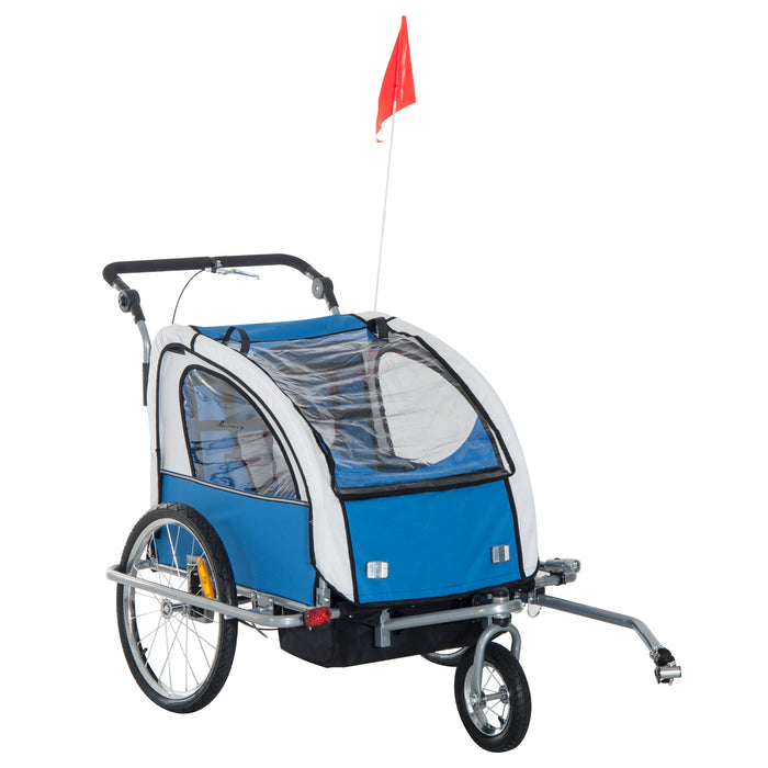 2-Seater Bike Trailer & Jogger Combo - Removable Canopy, Storage Pocket, Durable Steel Frame in Blue - Ideal for Active Parents with Babies or Young Children