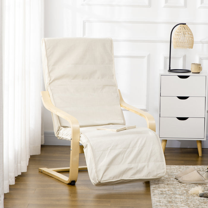 Wooden Lounging Chair with Adjustable Footrest - Cream White Relaxing Recliner with Removable Cushion - Ideal for Deck Lounging and Outdoor Comfort