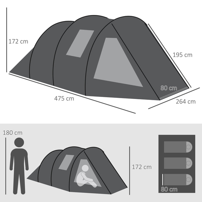 3-4 Person Tunnel Tent - Dual-Room Design with Windows & Protective Covers, Portable Carry Bag - Ideal for Camping, Fishing, Hiking & Festivals