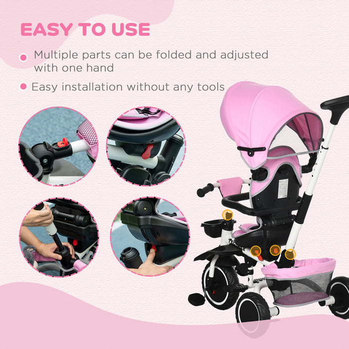 7-in-1 Convertible Kids Tricycle - Rotatable Seat, Safety Harness, Adjustable Push Handle, Detachable Canopy - Versatile Trike for Toddlers with Semi-Reclining Footrest in Pink