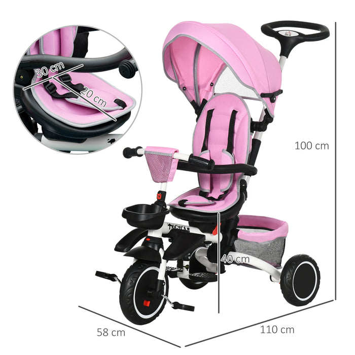 7-in-1 Convertible Kids Tricycle - Rotatable Seat, Safety Harness, Adjustable Push Handle, Detachable Canopy - Versatile Trike for Toddlers with Semi-Reclining Footrest in Pink
