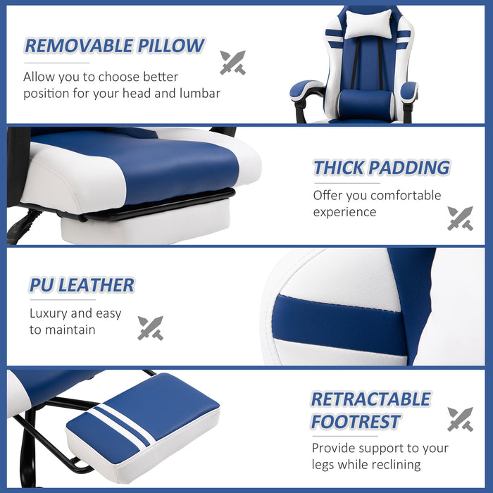 Ergonomic PU Leather Racing Chair - High-Back Gaming Chair with Headrest, Footrest & Adjustable Height - Comfortable Recliner for Gamers, Blue & White Design
