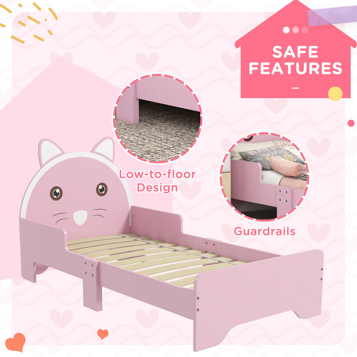 Kids Cat Design Toddler Bed - Sturdy Bedroom Furniture with Guardrails, 143cm Length, Fits 3-6 Year Olds - Adorable Pink Cat Themed Bed for Children