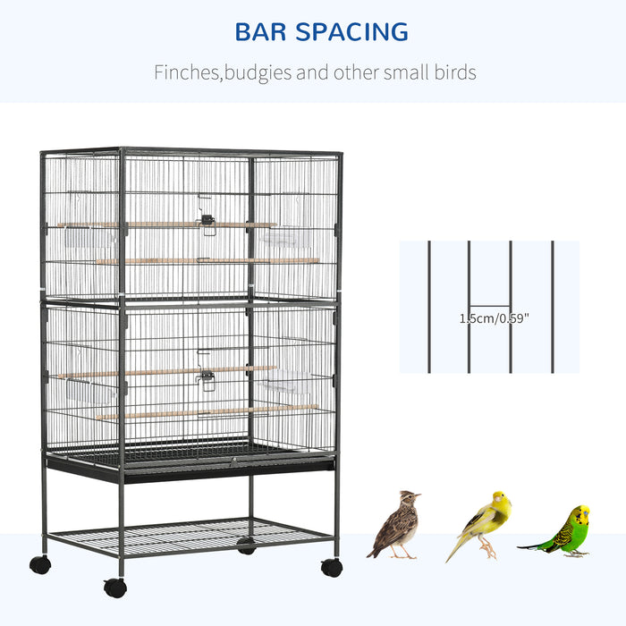 Large Rolling Aviary - Finch, Canaries, Parakeet Home with Slide-Out Tray and Food Containers - Optimal Habitat for Pet Birds with Storage Shelf