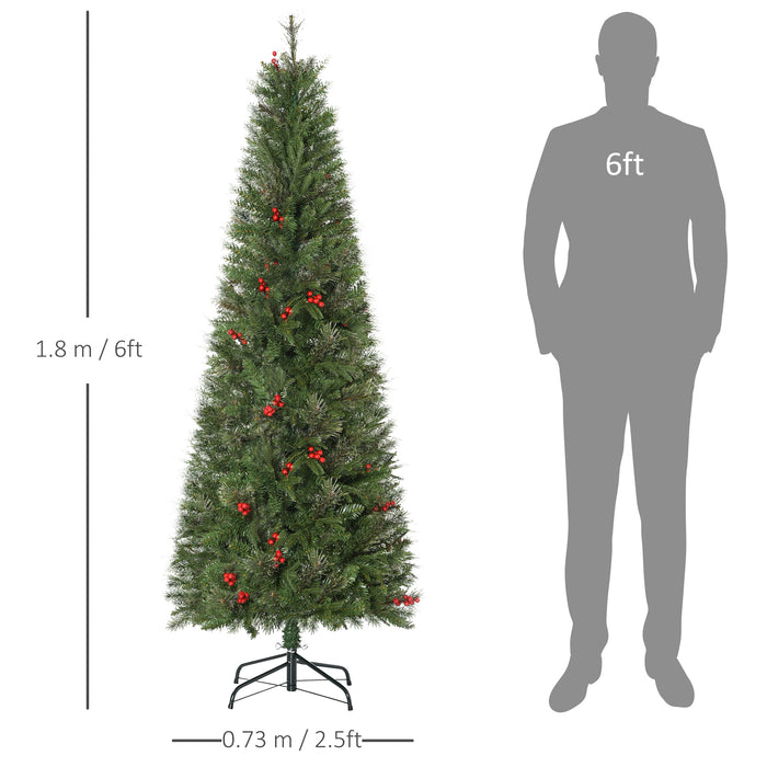 Slim Artificial Christmas Tree with Lifelike Foliage - Red Berry Accents & Hassle-Free Auto Open Design - Perfect for Festive Holiday Decor