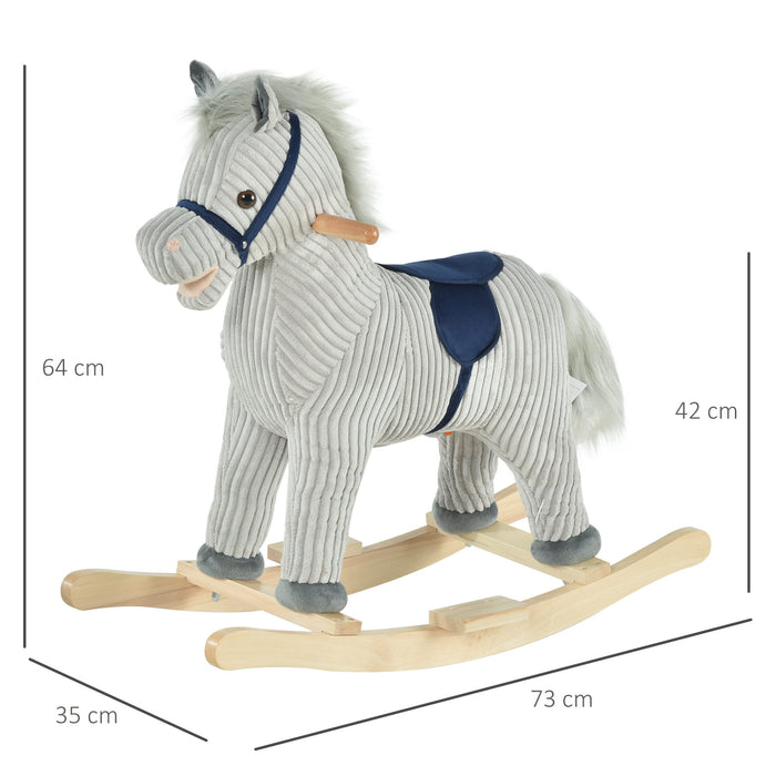 Plush Rocking Horse with Sound Effects - Ribbed Grey Fabric, Kids Ride-On Toy - Perfect for Playtime and Nursery Decor