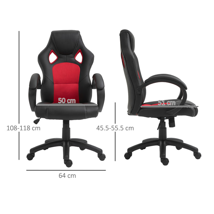 High-Back Swivel Chair - Faux Leather Home Office Desk Chair with Wheels and Armrests, Black & Red - Comfortable Seating for Work or Study