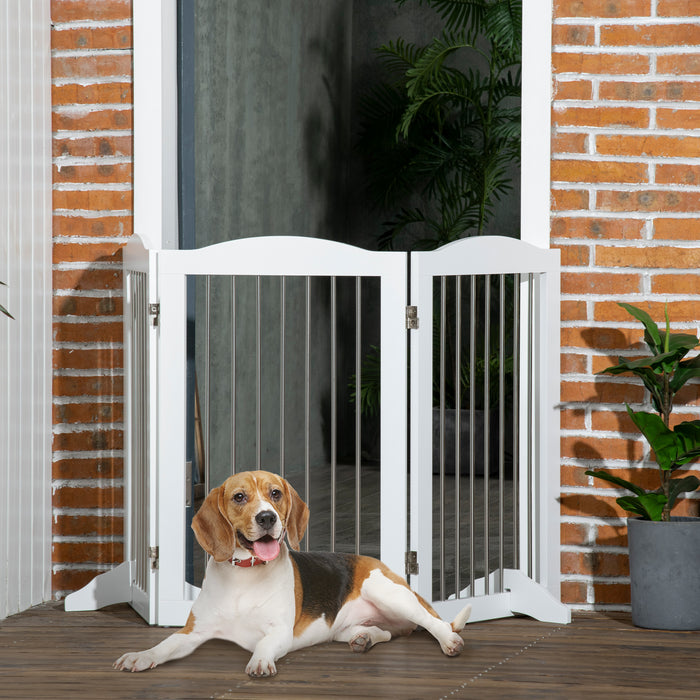 Foldable Wooden Dog Gate with Support Feet - Freestanding Pet Barrier for Doorways, Stairs, Halls - Ideal for Containing Pets Safely in White