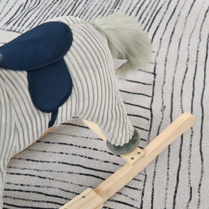 Plush Rocking Horse with Sound Effects - Ribbed Grey Fabric, Kids Ride-On Toy - Perfect for Playtime and Nursery Decor