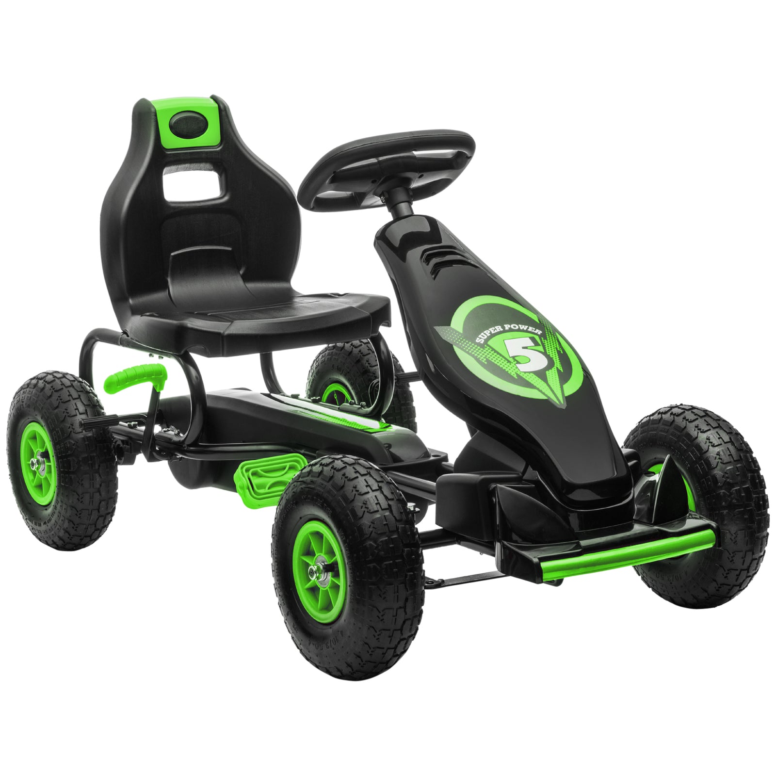 Pedal-Powered Racing Go Kart for Kids - Adjustable Seat, Inflatable Tyres, Shock Absorption, Handbrake - Ideal Outdoor Fun for Boys and Girls Ages 5-12, Vibrant Green Color