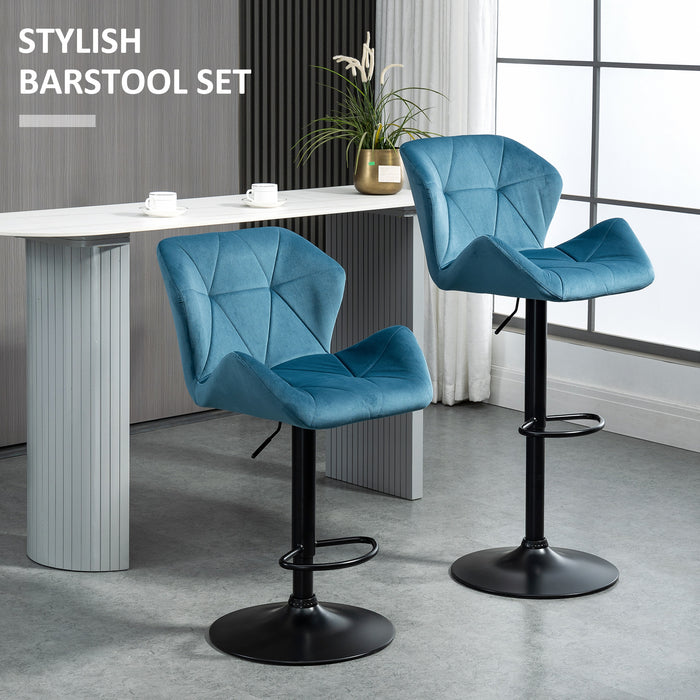 Luxury Velvet Bar Stools - Set of 2 Adjustable Metal Frame Barstools with Footrest and Round Base - Elegant Seating for Home Bar or Kitchen Island