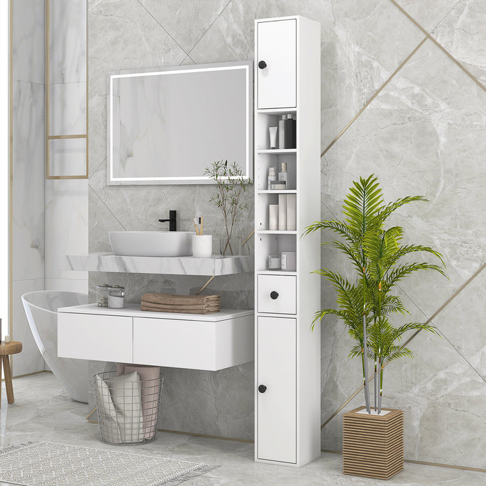 180cm High Narrow Bathroom Cabinet - Slim Toilet Roll Organizer with Open Shelving & Dual-Door Compartments - Adjustable Storage Solution for Bathrooms & Kitchens, Elegant White Design