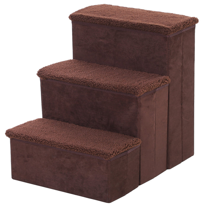 Foldable 3-Step Pet Stairs - Portable Mobility Aid with Washable Fleece Cover, 41x19cm, Brown - Ideal for Small & Aging Pets Climbing Support