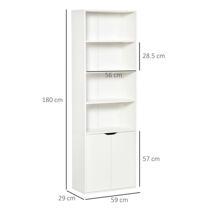 Modern White 2-Door Tall Bookcase with 4 Shelves - Contemporary Storage Cupboard and Display Unit for Living Room, Study, and Bedroom - Ideal Organizational Furniture for Home or Office