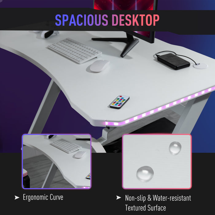 Ergonomic Racing Gaming Desk - RGB LED Lighting, Headphone Hook, Cup Holder, Controller Stand - Ideal for Gamers and Home Office Setup