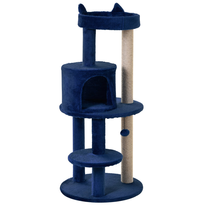 3-Tier Cat Scratching Post with Sisal Rope and Dangling Toy - Sturdy Blue Kitten Activity Tower - Ideal for Feline Scratching, Climbing, and Playing