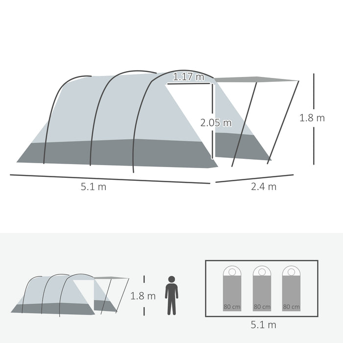 6-8 Person Family Tunnel Tent - Spacious Camping Shelter with Bedroom, Living Room, Sewn-in Groundsheet, Triple Access Points - Ideal for Group Outings, Waterproof 2000mm Fishing Tent, Grey