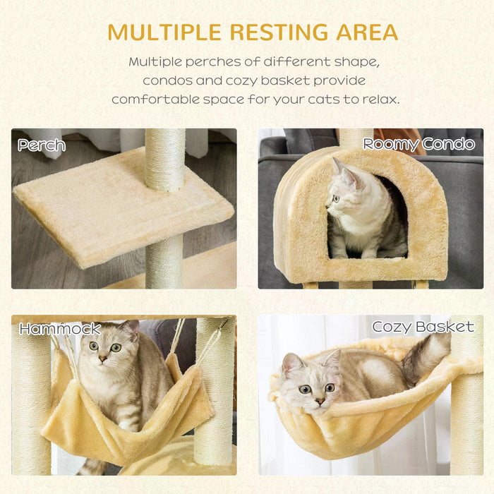 Cat Tree Tower Kitten Activity Centre - Scratching Post, Hammock, Condo Bed, Basket, and Ladder - 98 cm Beige Playhouse for Cats