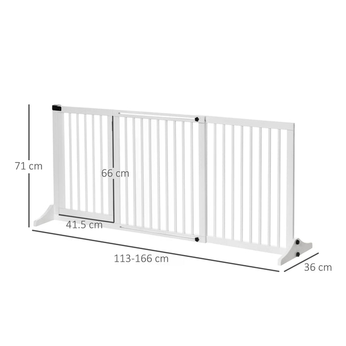 Freestanding Wooden Pet Gate with Lockable Door - 3-Panel Dog Barrier Fence for Doorways, Adjustable Safety Gate, White - Ideal for Keeping Pets Secure and Safe 71H x 113-166W cm