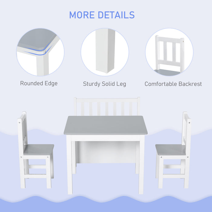 Kids Playroom Furniture Set - 4-Piece Table with 2 Chairs & Storage Bench, Modern Grey/White Design - Ideal for Children’s Activities & Organizing Toys