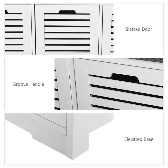 White Storage Bench with 3 Built-In Drawers - Hallway Seating & Organizational Solution with Removable Grey Cushion - Ideal for Entryway Clutter Management