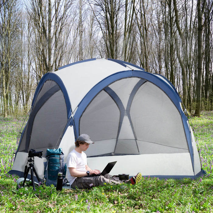6-8 Person Dome Camping Tent - 4 Zipped Mesh Doors, Removable Polyester Cloth, Lamp Hook - Spacious Family Shelter with Portable Carry Bag, White & Blue
